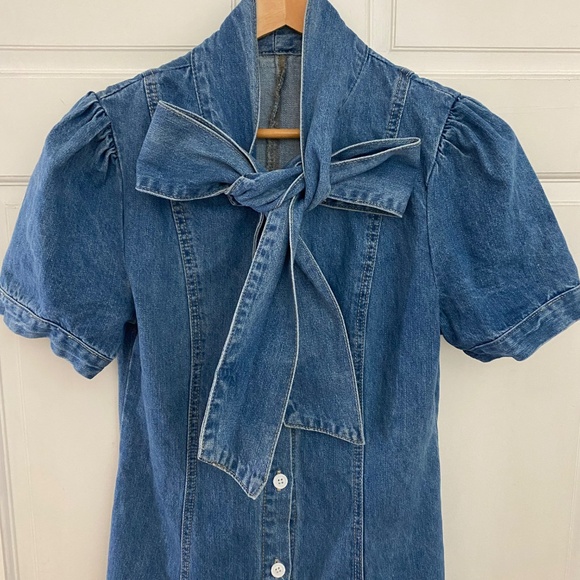Chic Denim Bow-Tie Dress | Puff Sleeves | Button-Down | Cottagecore/Western - Picture 2 of 5